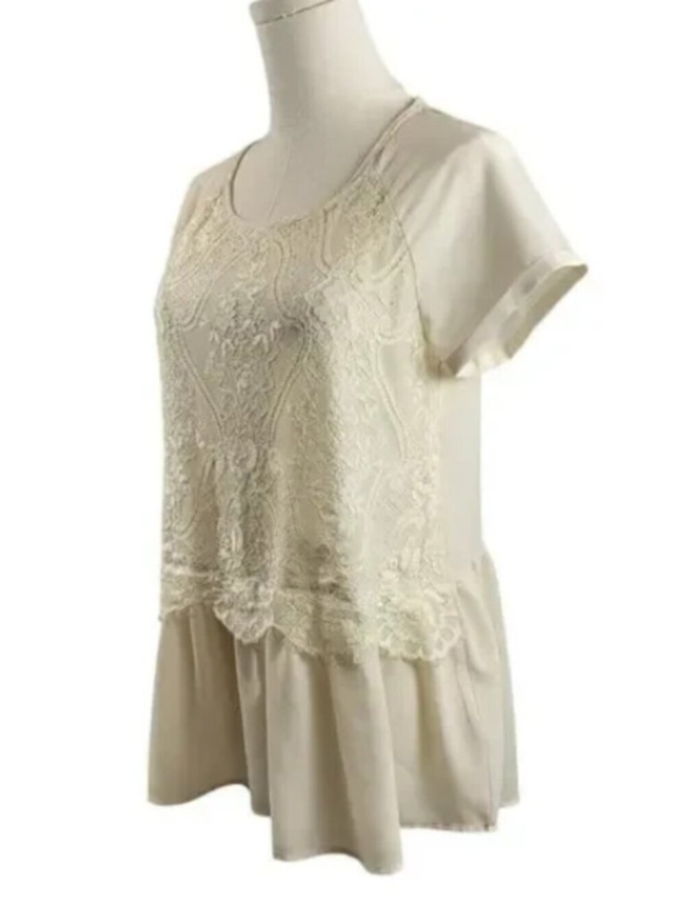 Rewind Medium Off-White Sheer Lace Blouse Peplum Short Sleeve Pullover Boho - Picture 4 of 16